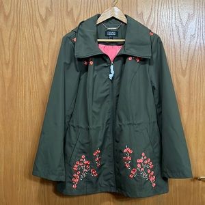 Dennis Basso Light Jacket in Olive/w Pink Embroidered Flowers & Removable Hood